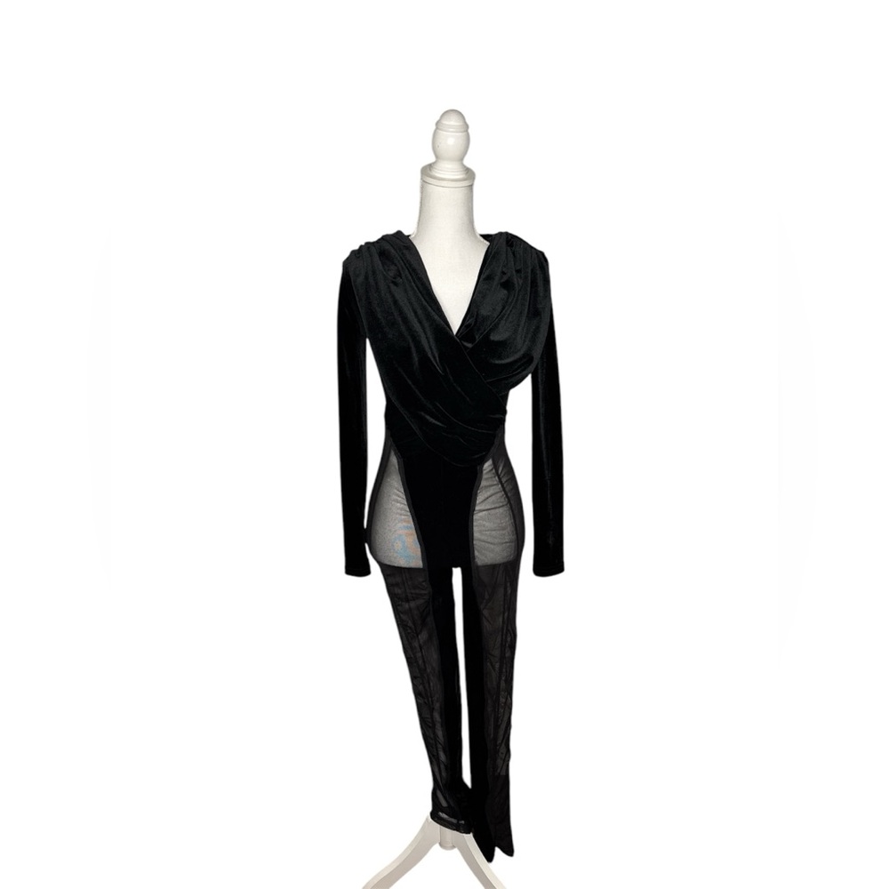 Mesh Velvet Patchwork See Through Side Asymmetric… - image 2